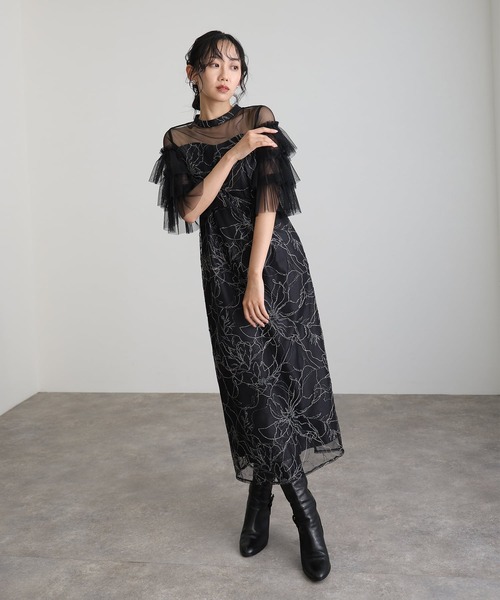 atlo(アトロ)の「七分袖&ミモレ丈 同窓会 成人式 ティアード スリーブフラワー 刺繍Iライン フリル チュール お呼ばれ 結婚式 二次会 フォーマル オケージョンドレス パーティー ドレス 謝恩会 20代 30代(ドレス・レディース・ベージュ/ブラック/イエロー/チャコールグレー・S/L/M)」の8枚目の写真