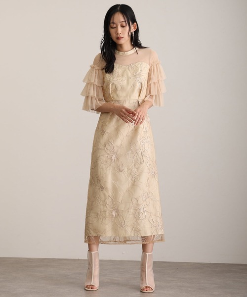 atlo(アトロ)の「七分袖&ミモレ丈 同窓会 成人式 ティアード スリーブフラワー 刺繍Iライン フリル チュール お呼ばれ 結婚式 二次会 フォーマル オケージョンドレス パーティー ドレス 謝恩会 20代 30代(ドレス・レディース・ベージュ/ブラック/イエロー/チャコールグレー・S/L/M)」の9枚目の写真