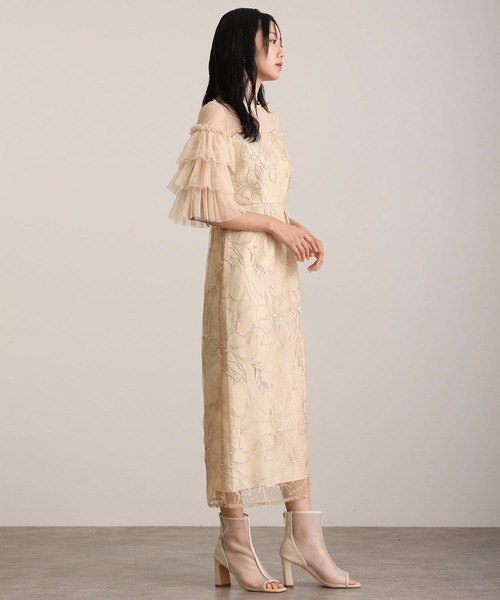 atlo(アトロ)の「七分袖&ミモレ丈 同窓会 成人式 ティアード スリーブフラワー 刺繍Iライン フリル チュール お呼ばれ 結婚式 二次会 フォーマル オケージョンドレス パーティー ドレス 謝恩会 20代 30代(ドレス・レディース・ベージュ/ブラック/イエロー/チャコールグレー・S/L/M)」の10枚目の写真