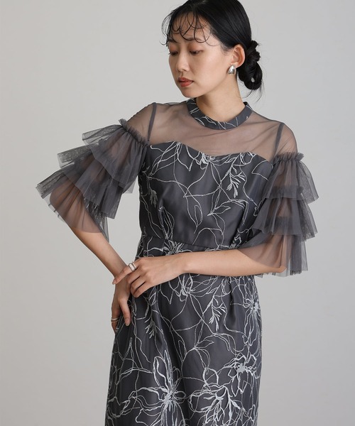 atlo(アトロ)の「七分袖&ミモレ丈 同窓会 成人式 ティアード スリーブフラワー 刺繍Iライン フリル チュール お呼ばれ 結婚式 二次会 フォーマル オケージョンドレス パーティー ドレス 謝恩会 20代 30代(ドレス・レディース・ベージュ/ブラック/イエロー/チャコールグレー・S/L/M)」の15枚目の写真