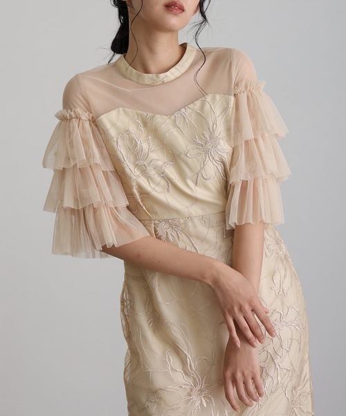 atlo(アトロ)の「七分袖&ミモレ丈 同窓会 成人式 ティアード スリーブフラワー 刺繍Iライン フリル チュール お呼ばれ 結婚式 二次会 フォーマル オケージョンドレス パーティー ドレス 謝恩会 20代 30代(ドレス・レディース・ベージュ/ブラック/イエロー/チャコールグレー・S/L/M)」の17枚目の写真