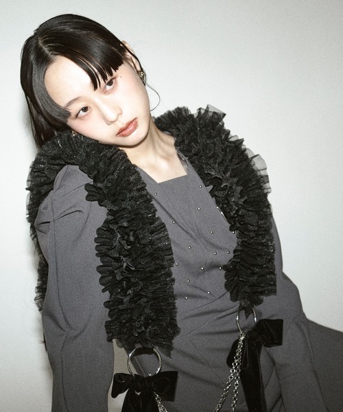 AD2021 22SS ボリュームチュールフリルハーネス ベルト 黒 tull velours ribbon ベロアリボンチュールチェーンハーネス（ベルト