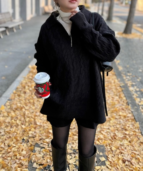 LAULEN(ローレン)の「skipper neck cable knit 2set /襟付きスキッパーネックケーブルニットショートパンツ2セット(セットアップ・レディース・チャコールグレー/ブラック/アイボリー・FREE)」の2枚目の写真