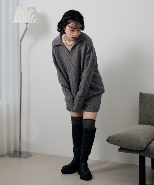 LAULEN(ローレン)の「skipper neck cable knit 2set /襟付きスキッパーネックケーブルニットショートパンツ2セット(セットアップ・レディース・チャコールグレー/ブラック/アイボリー・FREE)」の7枚目の写真