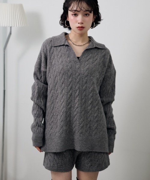 LAULEN(ローレン)の「skipper neck cable knit 2set /襟付きスキッパーネックケーブルニットショートパンツ2セット(セットアップ・レディース・チャコールグレー/ブラック/アイボリー・FREE)」の8枚目の写真