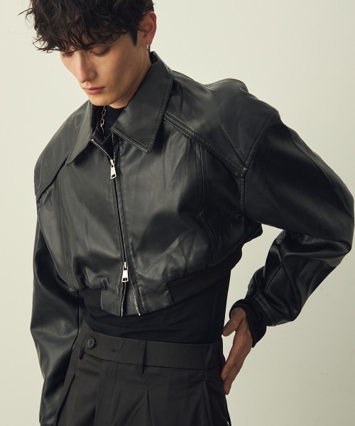 レザージャケット 短丈 ダブルジップ ブラック セール】Double-zip short synthetic leather jacket / ダブルジップ