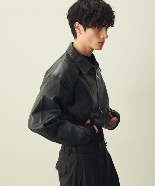 T*8様 double zip short leather blouson セール】Double-zip short synthetic leather jacket / ダブルジップ
