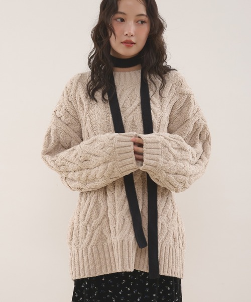 MUHET(ミュエータ)の「velour chenille yarn cable knit sweater / ベロアモールケーブルニット(ニット/セーター・レディース・ピンク/ネイビー/アイボリー・FREE)」の22枚目の写真