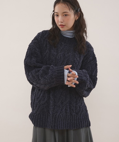 MUHET(ミュエータ)の「velour chenille yarn cable knit sweater / ベロアモールケーブルニット(ニット/セーター・レディース・ピンク/ネイビー/アイボリー・FREE)」の11枚目の写真
