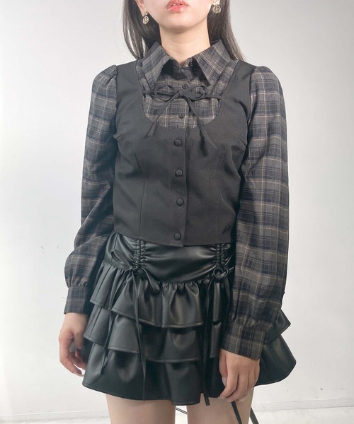 AS KNOW AS plus（アズノゥアズプラス）の「♪リボンデザイン ベストドッキングチェックブラウス セットアップ対応（シャツ/ブラウス・レディース・グレー系その他/ブラック系その他/グレー系その他2/サックスブルー系2/ブラック系その他2・FREE）」の2枚目の写真