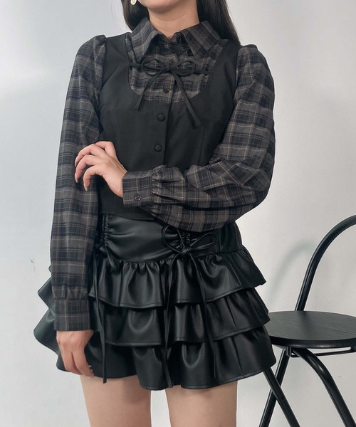 AS KNOW AS plus（アズノゥアズプラス）の「♪リボンデザイン ベストドッキングチェックブラウス セットアップ対応（シャツ/ブラウス・レディース・グレー系その他/ブラック系その他/グレー系その他2/サックスブルー系2/ブラック系その他2・FREE）」の13枚目の写真