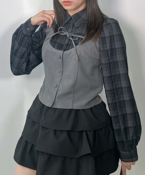 AS KNOW AS plus（アズノゥアズプラス）の「♪リボンデザイン ベストドッキングチェックブラウス セットアップ対応（シャツ/ブラウス・レディース・グレー系その他/ブラック系その他/グレー系その他2/サックスブルー系2/ブラック系その他2・FREE）」の10枚目の写真