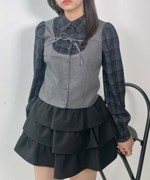 AS KNOW AS plus（アズノゥアズプラス）の「♪リボンデザイン ベストドッキングチェックブラウス セットアップ対応（シャツ/ブラウス・レディース・グレー系その他/ブラック系その他/グレー系その他2/サックスブルー系2/ブラック系その他2・FREE）」の9枚目の写真