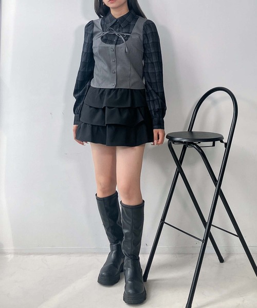 AS KNOW AS plus（アズノゥアズプラス）の「♪リボンデザイン ベストドッキングチェックブラウス セットアップ対応（シャツ/ブラウス・レディース・グレー系その他/ブラック系その他/グレー系その他2/サックスブルー系2/ブラック系その他2・FREE）」の6枚目の写真