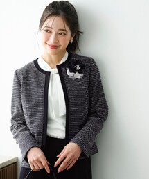 極美品 エニィスィス 2 スラブツイルストレッチ ノーカラー パンツスーツ 紺 ANY SIS｜エニィスィスのノーカラージャケット（ブルー・ネイビー/青色