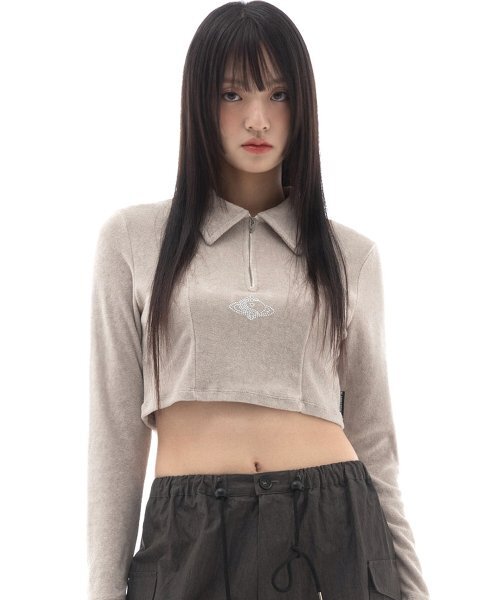 WORLD Tシャツ ベージュ（ハーフジップクロップTシャツ）