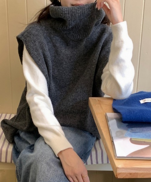 ONEP STAR(ワンピスター)の「ノースリーブタートルネックニットトップス(ニット/セーター・レディース・ブラック/ダークブラウン/ベージュ/ダークグレー・FREE)」の20枚目の写真