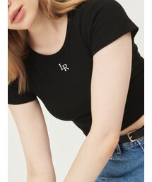 LOSSYROW（ロッシロー）の「Logo Ribbed Crop Half Sleeve T-Shirt [black]（Tシャツ/カットソー）」