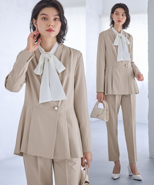 セール】【2点セット】パールボタンペプラムプリーツテーパード