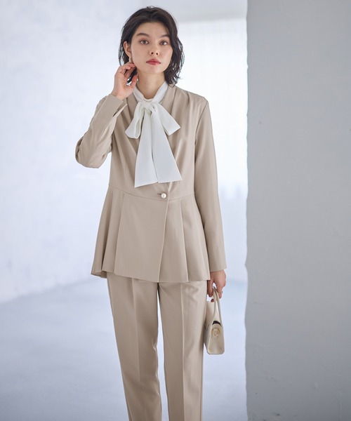 セール】【2点セット】パールボタンペプラムプリーツテーパード