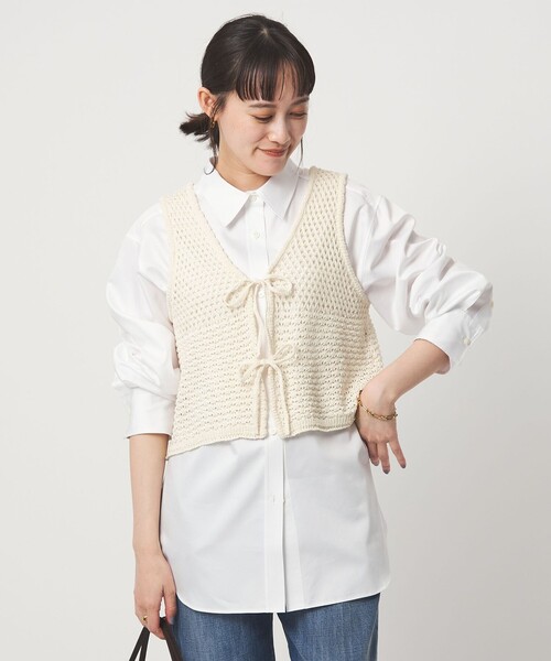 green label relaxing(グリーンレーベルリラクシング)の「メッシュ ニット 2WAY ジレ ウォッシャブル(ベスト・レディース・ダークグレー/オフホワイト・FREE)」の1枚目の写真