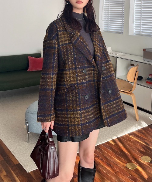 Rejoule(リジュール)の「起毛ブークレチェック柄 ダブルジャケットコート(テーラードジャケット・レディース・ブラウン/グレー・FREE)」の2枚目の写真