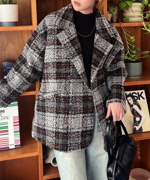 セール】起毛ブークレチェック柄 ダブルジャケットコート（テーラード