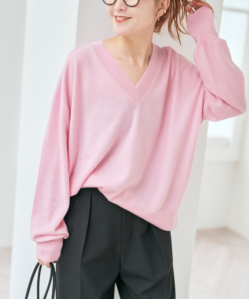 アニュアンス　カシミヤ混ニット　ピンク　Vネック アニュアンス カシミヤ混ニット ピンク Vネック 激安
