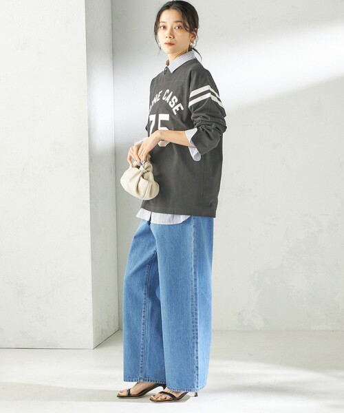 SHIPS(シップス)の「NINE CASE:〈洗濯機可能〉七分袖 フットボール TEE(Tシャツ/カットソー・レディース・ベージュ/ダークグレー・ONE SIZE)」の4枚目の写真