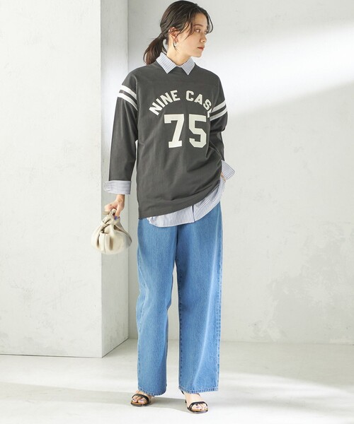 SHIPS(シップス)の「NINE CASE:〈洗濯機可能〉七分袖 フットボール TEE(Tシャツ/カットソー・レディース・ベージュ/ダークグレー・ONE SIZE)」の6枚目の写真