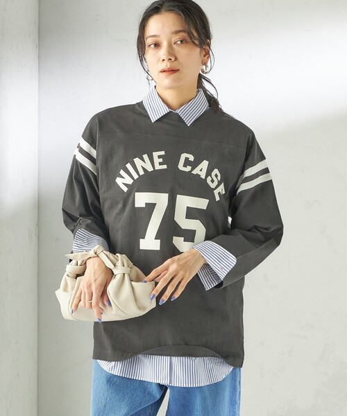 SHIPS(シップス)の「NINE CASE:〈洗濯機可能〉七分袖 フットボール TEE(Tシャツ/カットソー・レディース・ベージュ/ダークグレー・ONE SIZE)」の7枚目の写真
