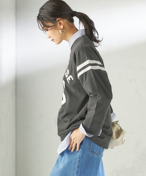 SHIPS(シップス)の「NINE CASE:〈洗濯機可能〉七分袖 フットボール TEE(Tシャツ/カットソー・レディース・ベージュ/ダークグレー・ONE SIZE)」の8枚目の写真