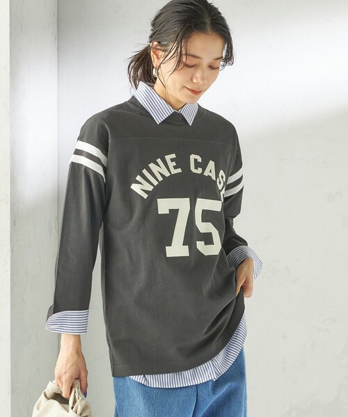 SHIPS(シップス)の「NINE CASE:〈洗濯機可能〉七分袖 フットボール TEE(Tシャツ/カットソー・レディース・ベージュ/ダークグレー・ONE SIZE)」の10枚目の写真