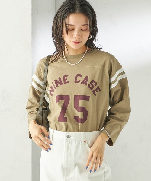 SHIPS(シップス)の「NINE CASE:〈洗濯機可能〉七分袖 フットボール TEE(Tシャツ/カットソー・レディース・ベージュ/ダークグレー・ONE SIZE)」の15枚目の写真