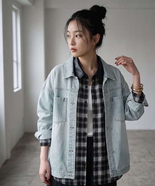 STYLE DELI(スタイルデリ)の「【BLK001】デニムオーバーサイズジャケット(デニムジャケット・レディース・ブルー系/ブラック・FREE)」の1枚目の写真