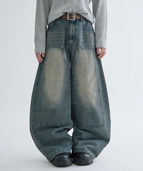 EPNK（イーピーエヌケー）の「13OZ-Double knee wide buggy denim / ダブルニーワイドバギーデニム（デニムパンツ・メンズ・ブルー/ブラック/ブラック系・LARGE/SMALL/MEDIUM）」の3枚目の写真