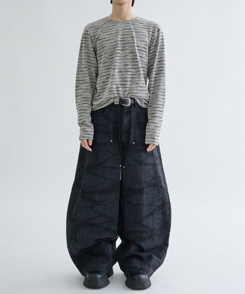 EPNK（イーピーエヌケー）の「13OZ-Double knee wide buggy denim / ダブルニーワイドバギーデニム（デニムパンツ・メンズ・ブルー/ブラック/ブラック系・LARGE/SMALL/MEDIUM）」の20枚目の写真