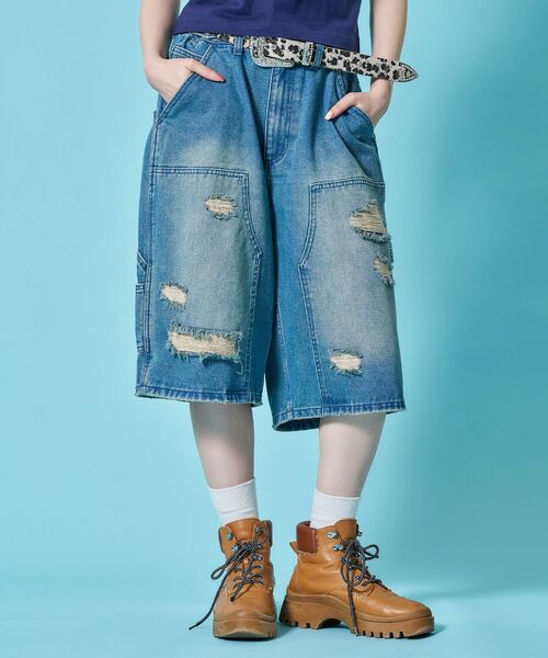 セール】※WEB限定 / ダブルニー加工 / ダメージデニムショートパンツ