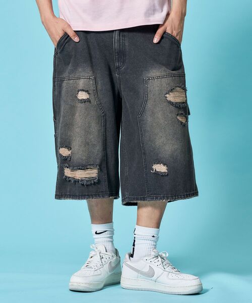 セール】※WEB限定 / ダブルニー加工 / ダメージデニムショートパンツ