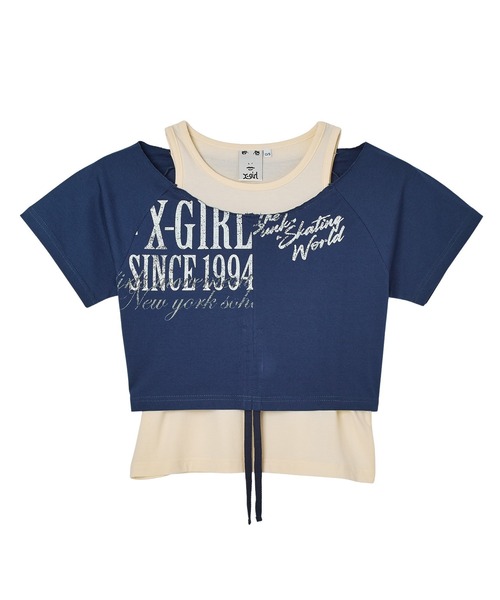X-girl（エックスガール）の「LAYERED STYLE PANELED GRAPHIC S/S TOP（Tシャツ/カットソー・レディース・ブラック/ネイビー・ONE SIZE）」の6枚目の写真