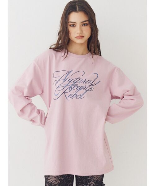 EVRIS（エヴリス）の「オーバーサイズラインストーングラフィックロンT　春服（Tシャツ/カットソー・レディース・ホワイト/チャコールグレー/ピンク・FREE）」の3枚目の写真