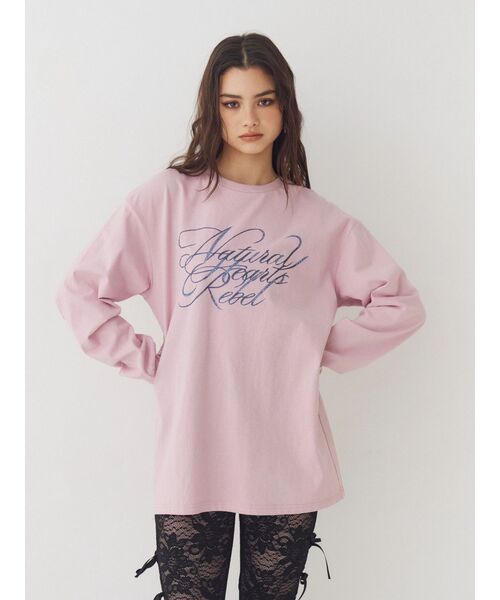 EVRIS（エヴリス）の「オーバーサイズラインストーングラフィックロンT　春服（Tシャツ/カットソー・レディース・ホワイト/チャコールグレー/ピンク・FREE）」の9枚目の写真