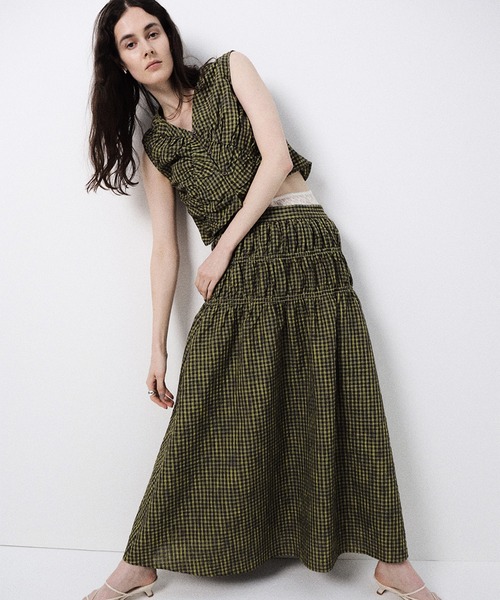 Ameri（アメリ）の「MEDI 2WAY SHIRRING TOP WITH SKIRT（スカート・レディース・ピンク/ネイビー/カーキ・SMALL/MEDIUM）」の4枚目の写真