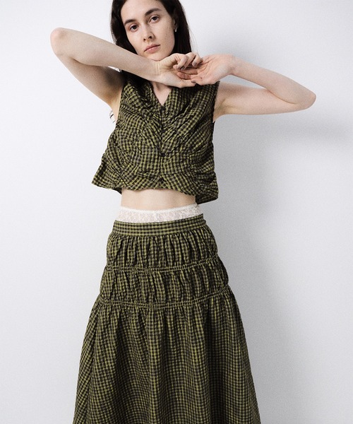 Ameri（アメリ）の「MEDI 2WAY SHIRRING TOP WITH SKIRT（スカート・レディース・ピンク/ネイビー/カーキ・SMALL/MEDIUM）」の5枚目の写真