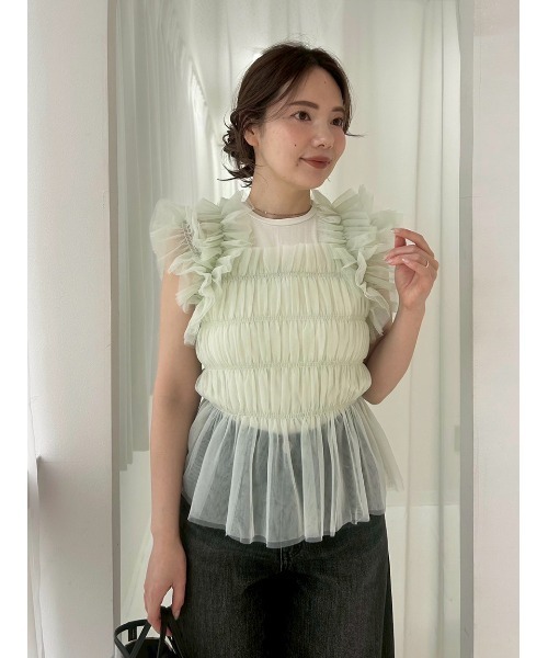 FRAY I.D(フレイアイディー)の「チュールコンビ2wayカットトップス(Tシャツ/カットソー・レディース・ブラック/ホワイト/ミント・F)」の3枚目の写真