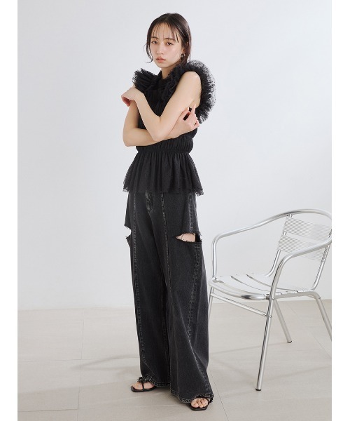 FRAY I.D(フレイアイディー)の「チュールコンビ2wayカットトップス(Tシャツ/カットソー・レディース・ブラック/ホワイト/ミント・F)」の11枚目の写真