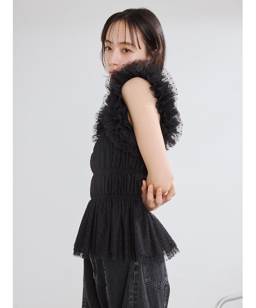 FRAY I.D(フレイアイディー)の「チュールコンビ2wayカットトップス(Tシャツ/カットソー・レディース・ブラック/ホワイト/ミント・F)」の10枚目の写真