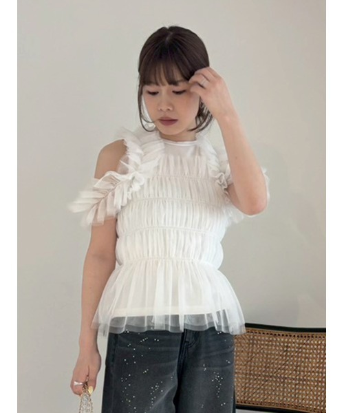 FRAY I.D(フレイアイディー)の「チュールコンビ2wayカットトップス(Tシャツ/カットソー・レディース・ブラック/ホワイト/ミント・F)」の21枚目の写真