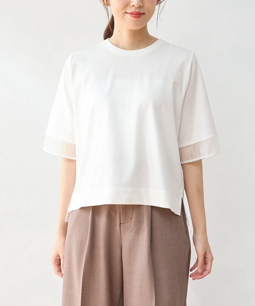 Honeys(ハニーズ)の「【ハニさら・接触冷感・UVカット】シアー切替トップス(Tシャツ/カットソー・レディース・オレンジ/モカ/アイボリー/ブラック/ブルー・L/LL/M/S)」の3枚目の写真