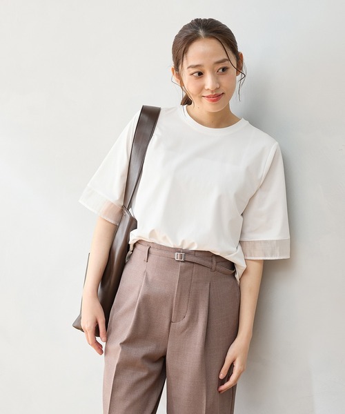 Honeys(ハニーズ)の「【ハニさら・接触冷感・UVカット】シアー切替トップス(Tシャツ/カットソー・レディース・オレンジ/モカ/アイボリー/ブラック/ブルー・L/LL/M/S)」の9枚目の写真